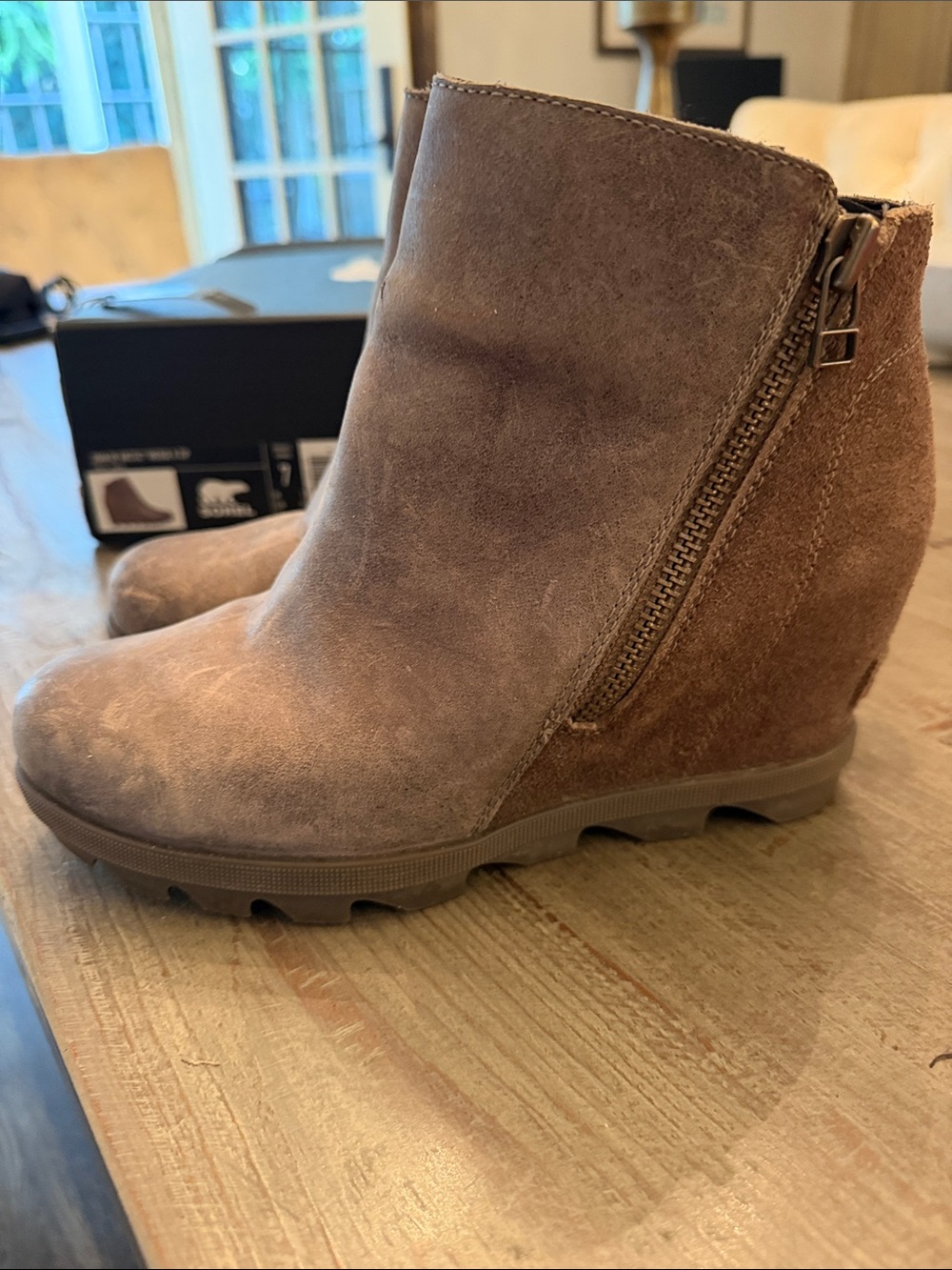 Sorel Suede Wedge Ankle Boots in Brown with Inside Zip